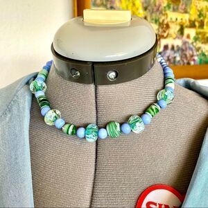 Lamp work bead necklace in light blue and green